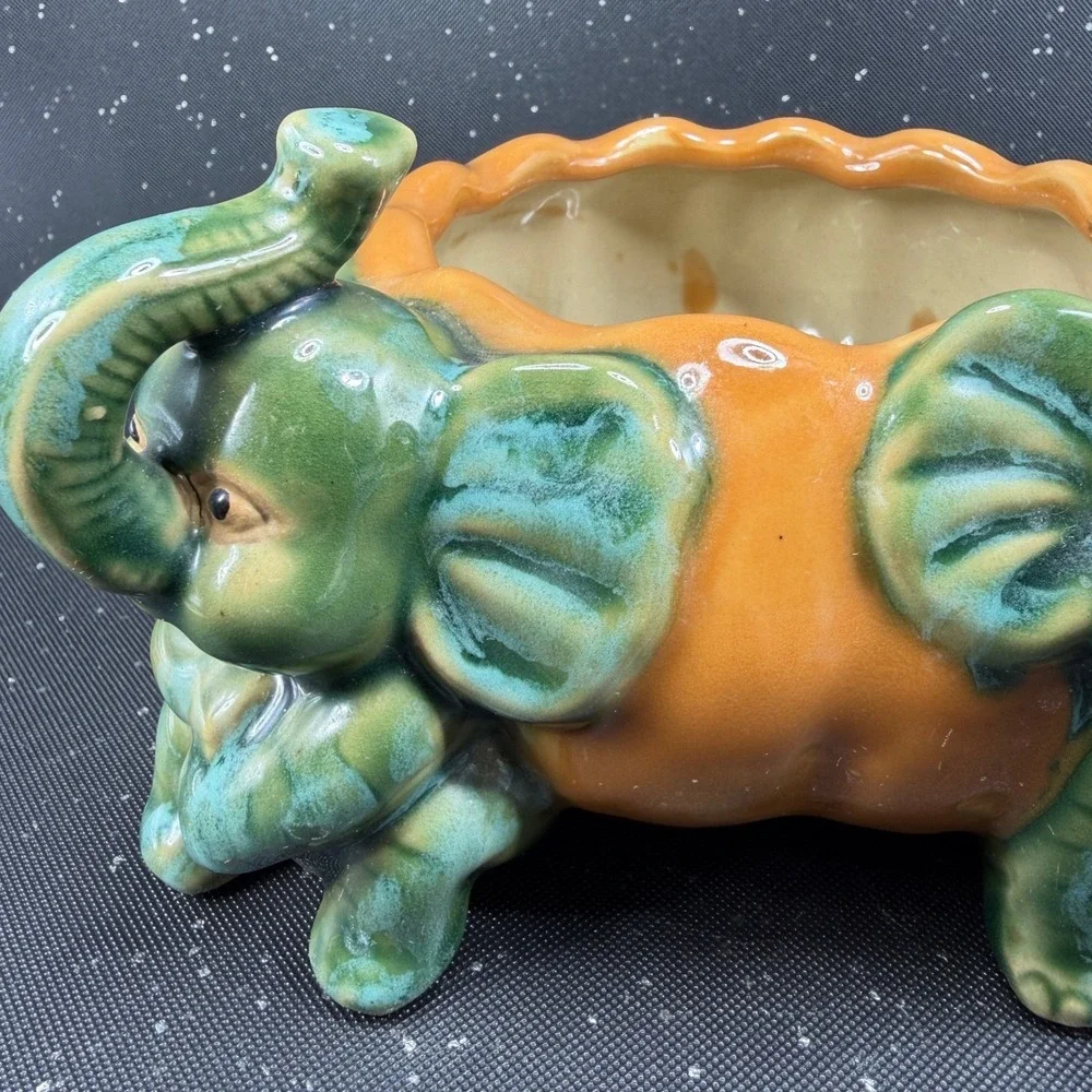Vintage Majolica Style Elephant Pumpkin Ceramic Planter Green Orange Dish Bowl